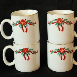 Vintage Poinsettia & Ribbons Christmas 12oz Mugs – Set of 4